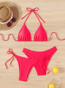 Swim Basics 2025 Summer Beach 3pcs/Set Women Solid Color Halter Backless Tied Crop Top + Knotted Tri-Strap Triangle Bikini Bottom - Red - View 1