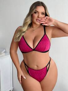 Set de sujetador y pantie de tallas grandes con tirantes de espagueti y borde de contraste sin aros - Rojo violeta - Ver 4