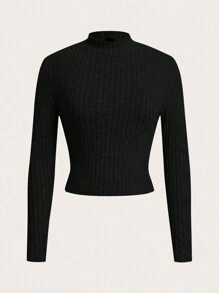 SHEIN EZwear Plus Size Solid Color Stand Collar Long Sleeve Ribbed Minimalist Casual T-Shirt - Multicolor - View 11