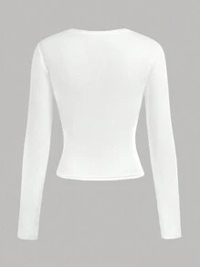 SHEIN Girlism 少女合身白猫印花图案长袖圆领 T 恤，可爱 Y2K 返校风格 - 白色 - 查看 2