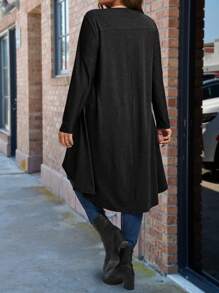 大码纯色长款不对称下摆圆领长袖 T 恤 - 黑色 - 查看 2