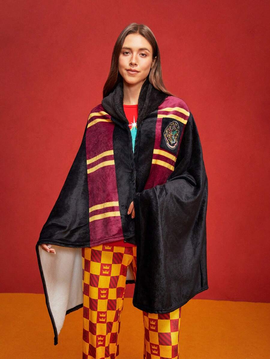 HARRY POTTER X SHEIN 动物图案刺绣连帽抓绒毯，可穿戴，礼品，春/冬，返校季 - 黑色 - 查看 1