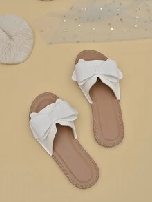 1 par de pantuflas de moda cómodas y adorables con moño para niñas, apropiadas para el verano - Beis - Ver 6