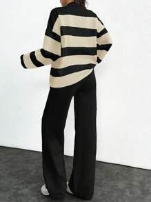 SHEIN Tall Striped Pattern Drop Shoulder Sweater & Knit Pants, Tall Women - Black and White - View 2