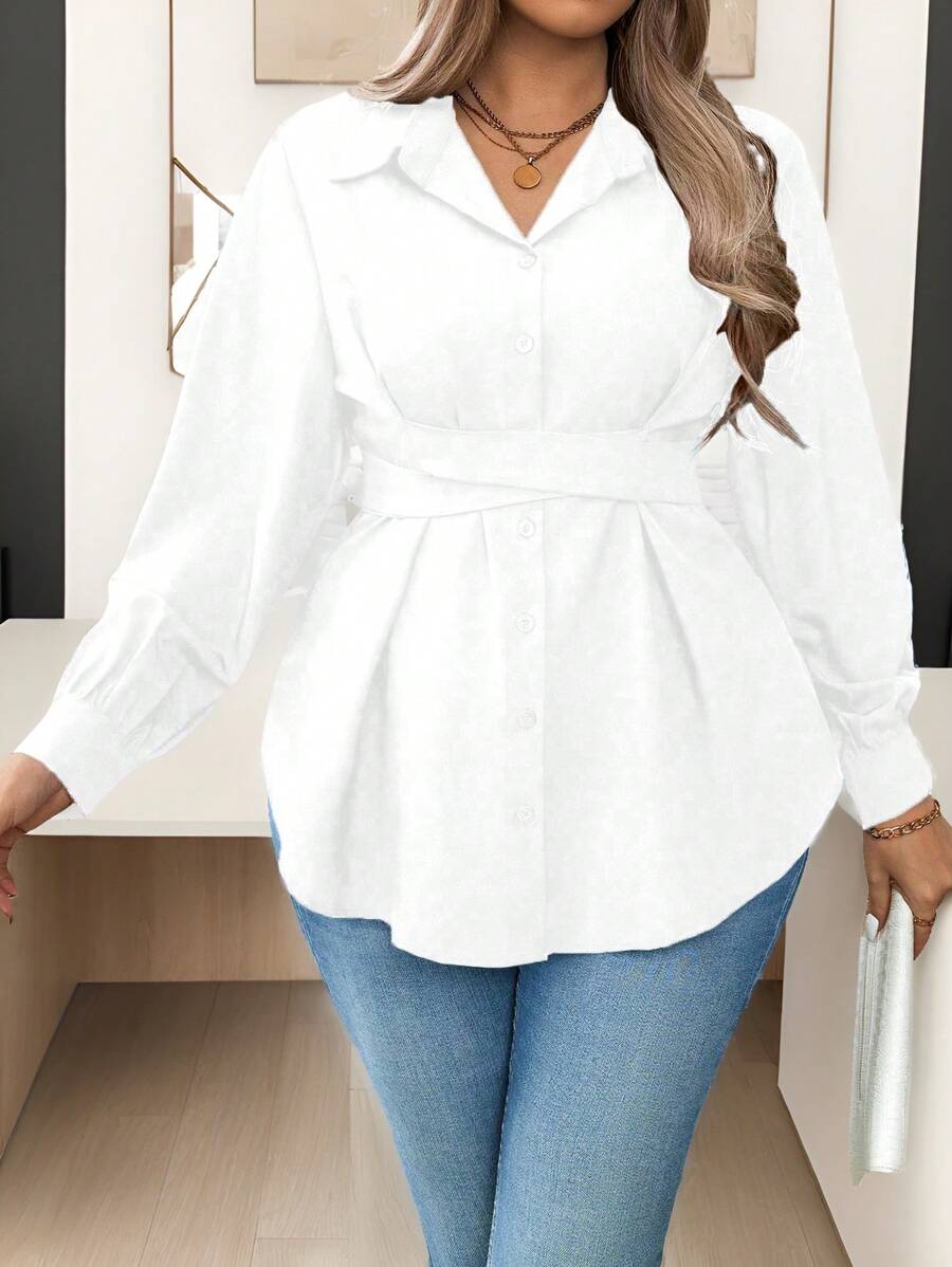 Calvaya Plus Size Women Solid Color Waist Twist Elegant Blouse, Autumn Women Shirt Fall Cloth For Women - White - View 1
