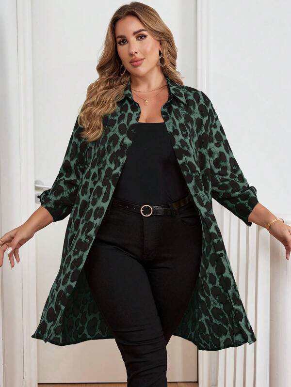 SHEIN Clasi Plus Size Women Leopard Print Button Down Long Sleeve Shirt, Suitable For Work, Autumn