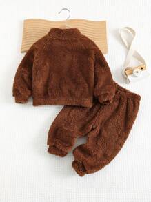 Cozy Pixies 2pcs Baby Boy Solid Thermal Lined Zipper Front Collared Jacket And Elastic Waist Fuzzy Pants Set, Casual Outfit Suitable For Autumn/Winter Indoor/Outdoor Wear