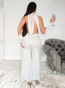 Zolique 1pc Solid Color Halter Slit To Thigh Tight Sexy Jumpsuit With Long Sleeve Fall Cloth For Women - White - View 2