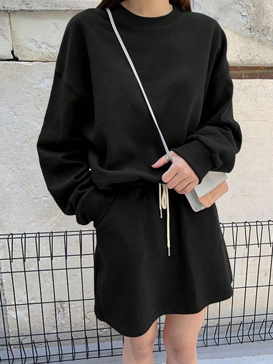 DAZY 2pcs/Set Women Casual Solid Color Drop Shoulder Loose Sweatshirt And Skirt Suit,Fall Clothes - Black - View 1