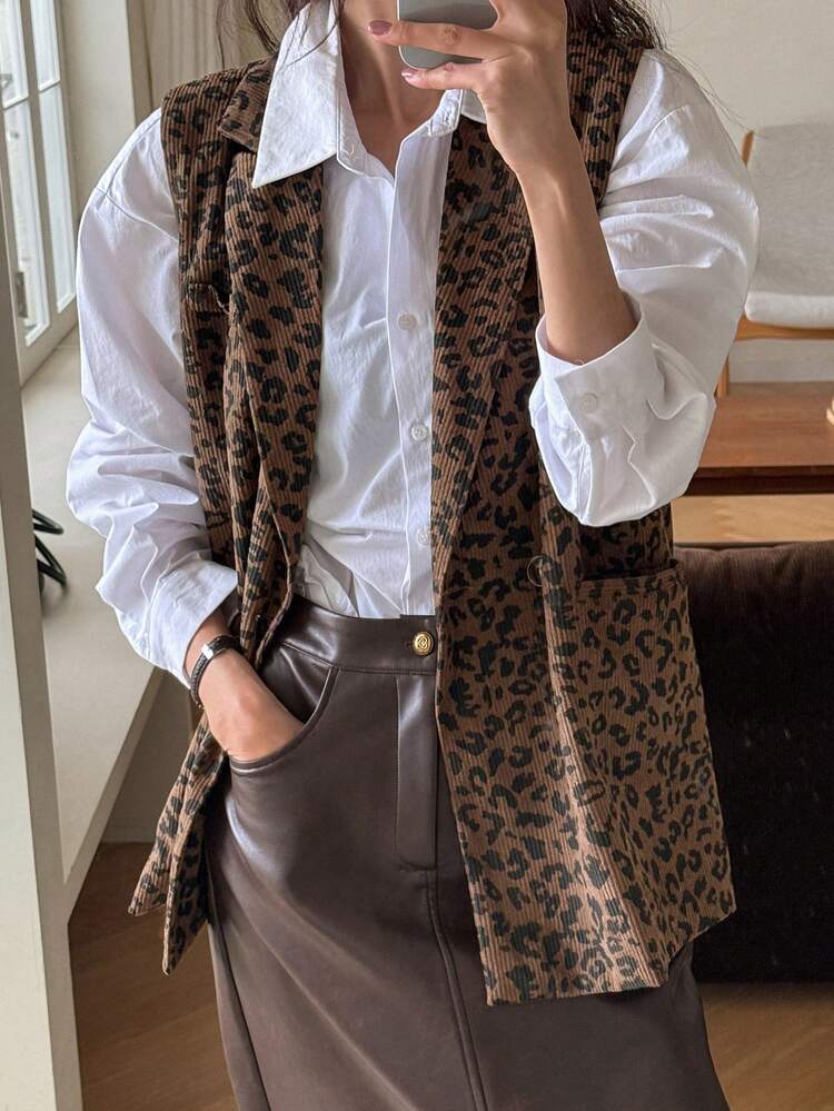 Women Front Button Sleeveless Leopard Print Minimalist Casual Top,Fall Clothes,Back To School Clothes Business Attire
