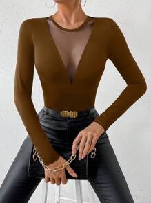 SHEIN PETITE Autumn Sexy Mesh Contrast Form-Fitting T-Shirt - Coffee Brown - View 5
