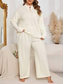Plus Size Long Sleeve Jacquard Knit Front Zip Sweatshirt And Pants Pajama Set - Beige - View 4