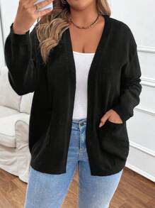 SHEIN Clasi 大码女式纯色长袖前开式休闲开衫，秋冬款 - 黑色 - 查看 1