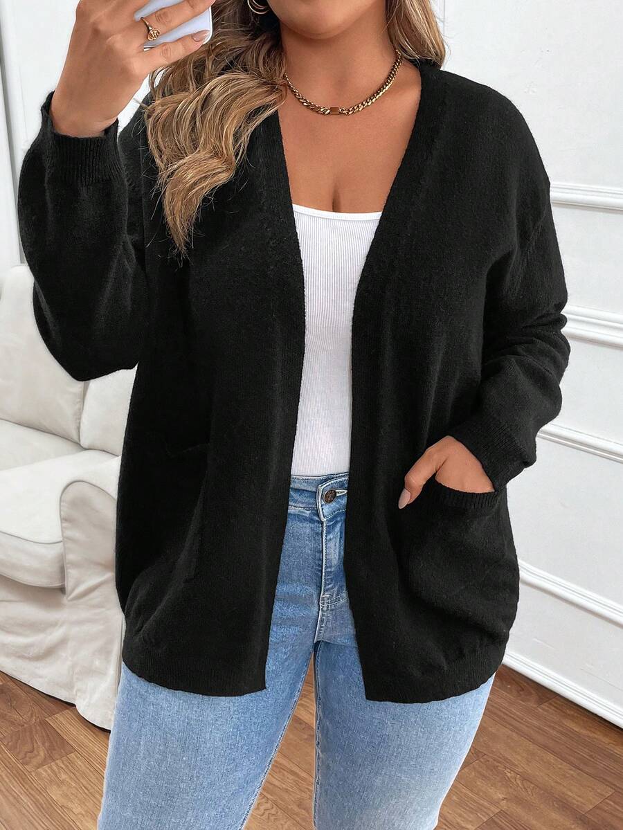 SHEIN Clasi 大码女式纯色长袖前开式休闲开衫，秋冬款 - 黑色 - 查看 1