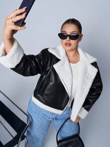 CovetEZ 厚羊毛衬里拉链立领 PU 机车夹克，大码，秋冬季 - 黑與白 - 查看 1