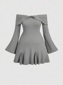 SHEIN MOD Plus Size Black Off Shoulder Sweet Bell Sleeve Ruffled Hem Knit Dress - Grey - View 1