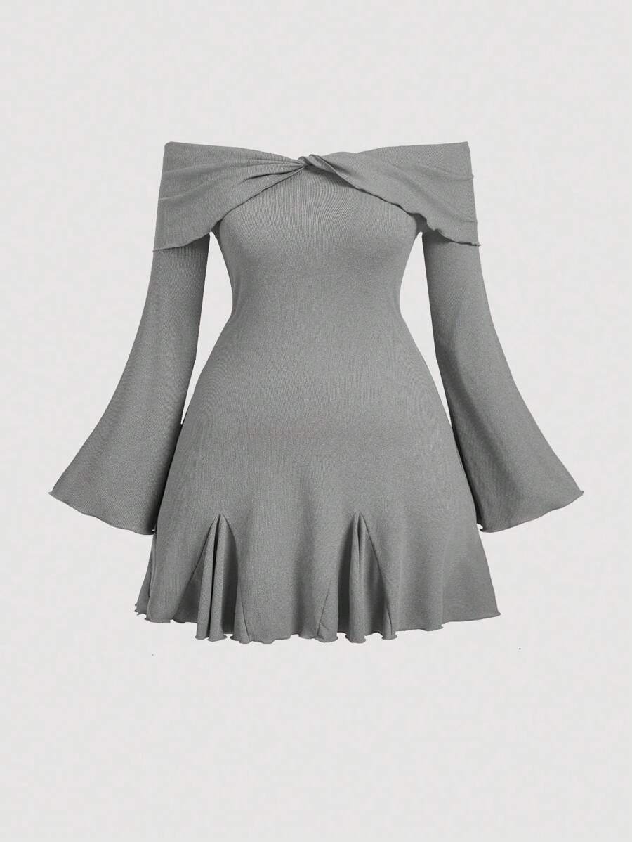 SHEIN MOD Plus Size Black Off Shoulder Sweet Bell Sleeve Ruffled Hem Knit Dress - Grey - View 1