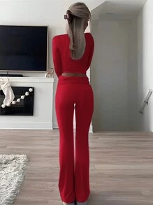 INAWLY Solva 2pcs Women Solid Color Crew Neck Long Sleeve Top And Pants Casual Set