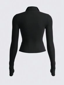 SHEIN BASICS 女式休闲运动修身短款前拉链高领长袖上衣 - 黑色 - 查看 2