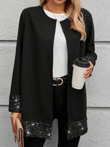 EMERY ROSE Women Casual Patchwork Glitter Print Open Front Regular Jacket, Autumn Christmas Women Clothes Holiday Outfits Sequin - Black - View 6