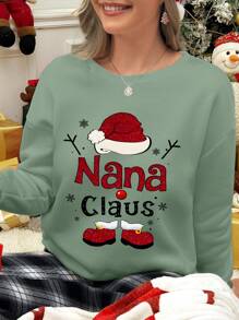 SHEIN LUNE 女士圣诞圣诞老人帽和靴子 Nana Claus 字母图案印花圆领运动衫、长袖上衣 - 綠色 - 查看 3
