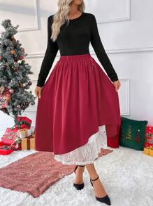 SHEIN Clasi 女款純色拼接百褶極簡風裙，休閒日常穿著 - 紅色 - 查看 7