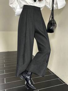 DAZY Solid Color Cropped Straight Leg Pants With Cuffed Hem & Pockets, Women Suit Trousers Fall/Winter Business Attire