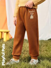 SHEIN 1 件装年轻女孩运动裤秋冬新款可爱猫咪刺绣宽松休闲裤 - 咖啡棕 - 查看 7