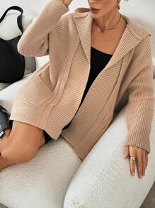 SHEIN Essnce Suéter con capucha mullido de mujer, cardigan largo de esenciales de otoño/invierno, suéter con capucha de manga larga color caqui, cardigan con capucha para mujer, informal para uso diario - Caqui - Ver 3