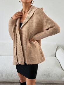 SHEIN Essnce Suéter con capucha mullido de mujer, cardigan largo de esenciales de otoño/invierno, suéter con capucha de manga larga color caqui, cardigan con capucha para mujer, informal para uso diario - Caqui - Ver 5