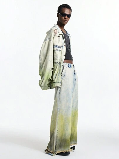 NEON BLANC Vintage Gradient Grön Loose Denim långärmad jacka för män, Streetwear-stil