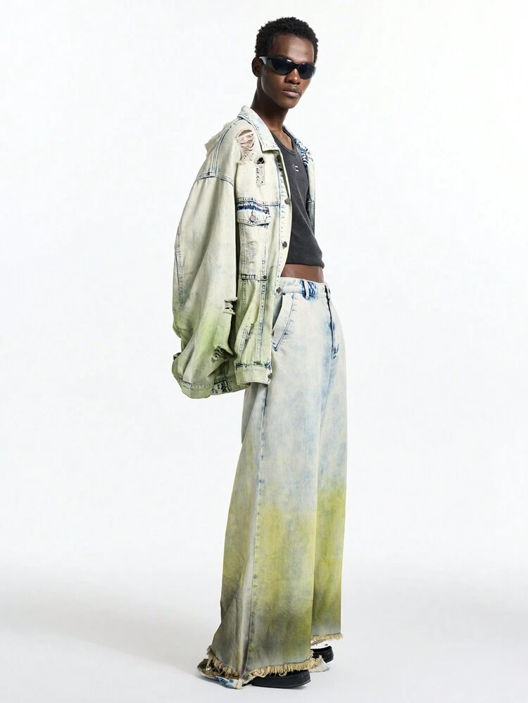 Men's Vintage Gradient Green Loose Denim Long Sleeve Jacket, Streetwear Style
