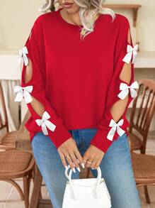 大码蝴蝶结装饰镂空长袖圆领休闲运动衫，适合新年服装 - 紅色 - 查看 6