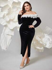 Modelyn 大码女式撞色蕾丝露肩长袖荷叶边下摆开衩优雅连衣裙，优雅修身连衣裙，适合晚会/婚礼嘉宾/周年纪念长款女装 - 黑色 - 查看 4