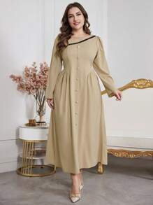 Mulvari 大码女式不对称领泡泡袖长款优雅连衣裙，优雅 A 字裙，适合日常休闲/旅游/工作 - 卡其色 - 查看 3