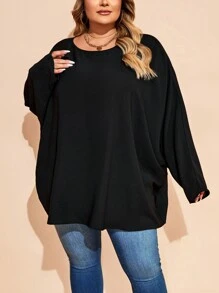 SHEIN CURVE+ Blusa de cuello redondo de unicolor con mangas tipo murciélago anchas para mujer de talla grande, otoño/invierno