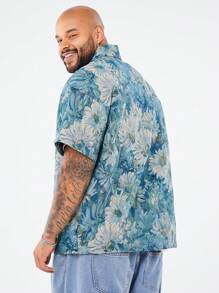 Manfinity VCAY Áo sơ mi nam tay ngắn họa tiết hoa màu xanh dệt khối màu rộng rãi, thường ngày, dành cho đi chơi - Màu xanh lam - Xem 2