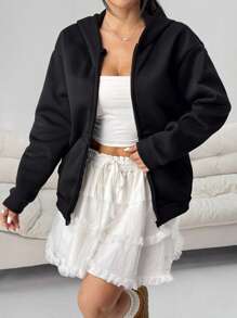 Áo khoác hoodie dài tay ấm áp, giản dị, màu trơn, tối giản, có túi, có khóa kéo, thích hợp cho mọi mùa - màu đen - Xem 5