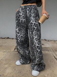 DAZY Jeans de pierna ancha y relajada con estampado todo sobre leopardo / estampado de guepardo para mujeres