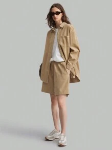 Ontre 2 pièces Ensemble chemise et shorts en velours côtelé en coton pour femmes, tenue casual, automne/hiver - Kaki - Voir 1