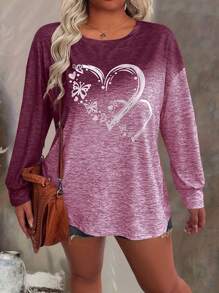 Plus Size Women's Casual Long Sleeve T-Shirt With Butterfly & Heart Prints, Autumn Graphic Tees Women Tops For Spring Outfit