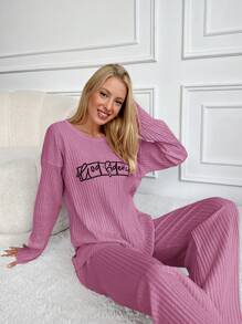 RueChic Letter Graphic Drop Shoulder Lounge Set - Pink - View 4