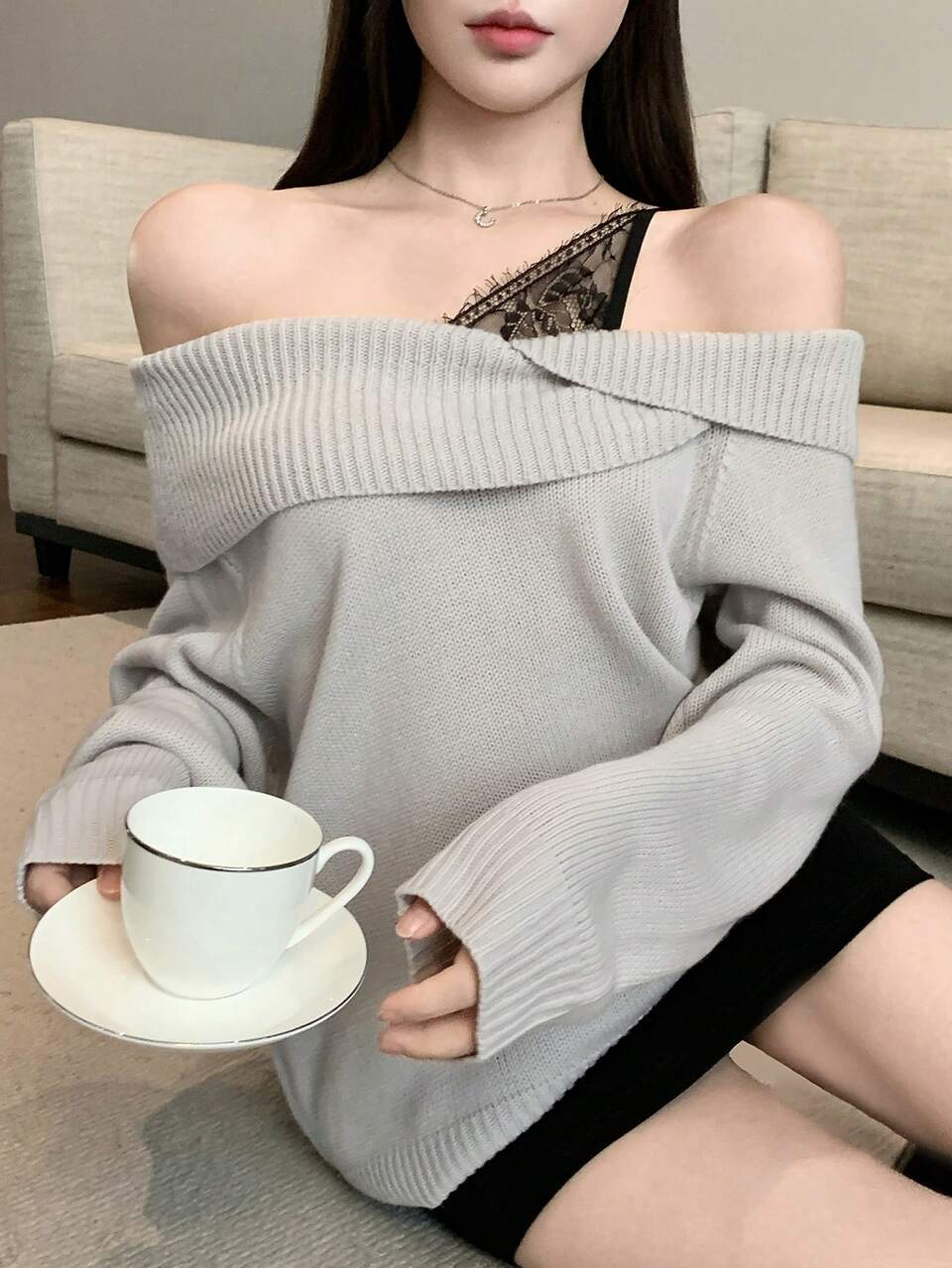 Women Asymmetrical Shoulder Cutout Lace Patchwork Knit Sweater,Fall Clothes Off The Shoulder
