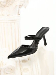 CUCCOO CHICEST Commuting Elegant Daily Demeanor Black Patent Leather Crystal Embellished Pointed Toe High Heels For Christmas And New Year Holiday Vibe Fall And Winter - Black - View 6