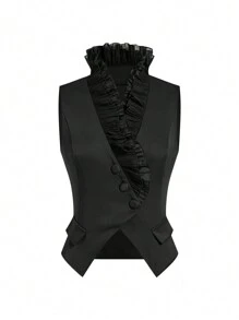 Ellevyn 2pcs Women Ruffle Collar Vest & Pants Set Two Pieces Fall Sets - Black - View 6