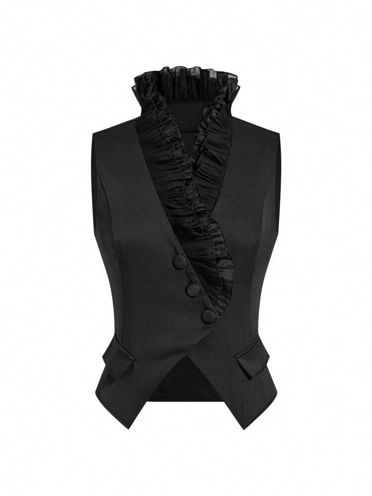 Ellevyn 2pcs Women Ruffle Collar Vest & Pants Set Two Pieces Fall Sets - Black - View 6