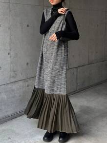 FRIFUL 女式休闲中长连衣裙，撞色褶边，无袖圆领格子