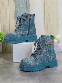 Giày bốt mũi tròn buộc dây phía trước đơn giản cho trẻ em, trang phục thường ngày - Màu xanh lam - Xem 4