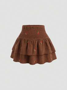 Sweetra Váy xếp ly nhiều lớp thêu họa tiết quả anh đào, vải nhung nhung cổ điển ngọt ngào, dễ thương, thời trang thu đông cho nữ Y2K - màu nâu - Xem 3