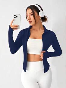 SHEIN Sports 女士拉链前口袋修身运动夹克 - 藏蓝色 - 查看 3